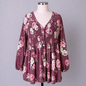 Torrid Floral Babydoll Top 3X Mauve Rose Print Boho Cottagecore Flowy Romantic